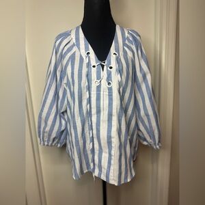Wishlist Blue and White Striped Lace Up Boho Style Women Shirt Size Medium